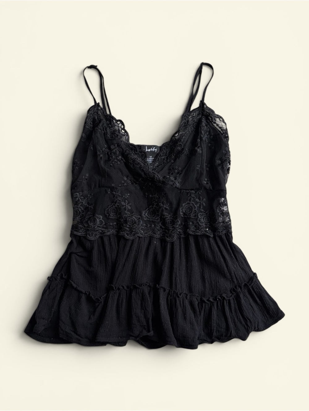 Justify Black Lace Camisole Top Tiered Ruffle Smocked Y2K Fairycore Grunge M